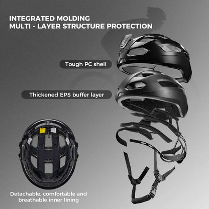 Bike helmet with tough PC shell, EPS layer, and detachable inner lining view