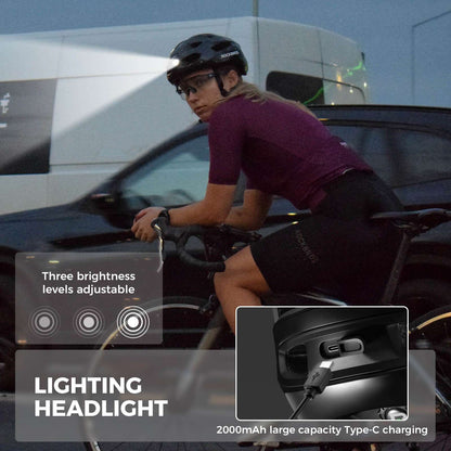 Black bike helmet with front LED headlight and Type-C charging cable