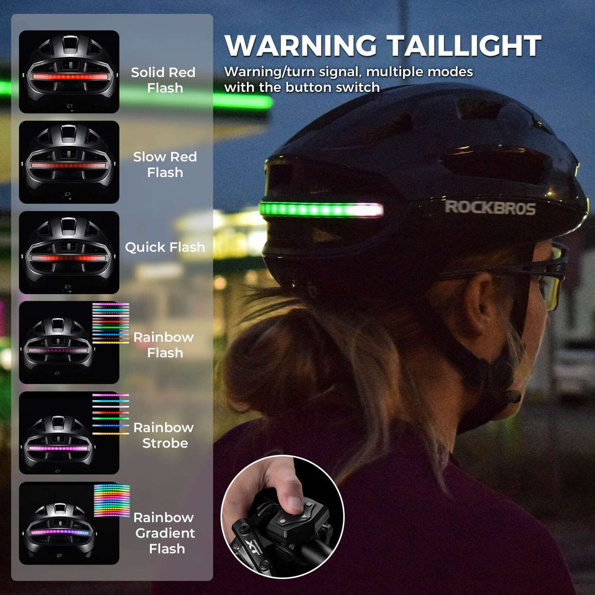 Black bike helmet with glowing tail light and remote button fob