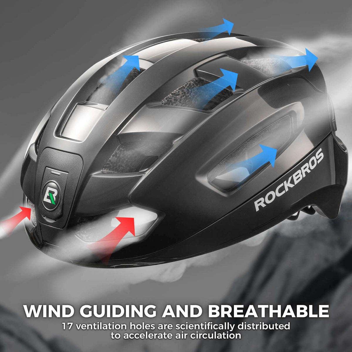 Black bike helmet with vent design and airflow arrows across the shell