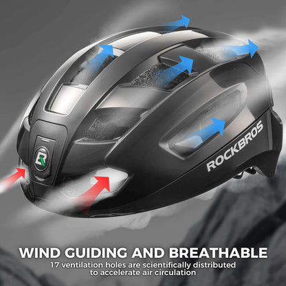 Black bike helmet with vent design and airflow arrows across the shell