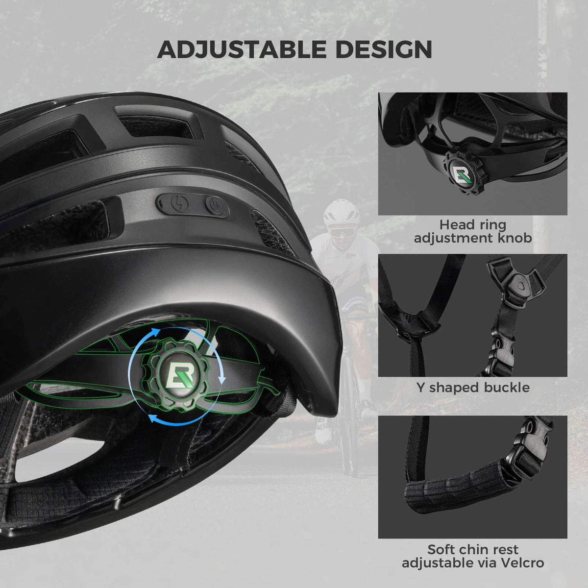 Bike helmet with adjustable head ring knob, Y buckle, and Velcro chin strap