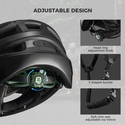 Bike helmet with adjustable head ring knob, Y buckle, and Velcro chin strap