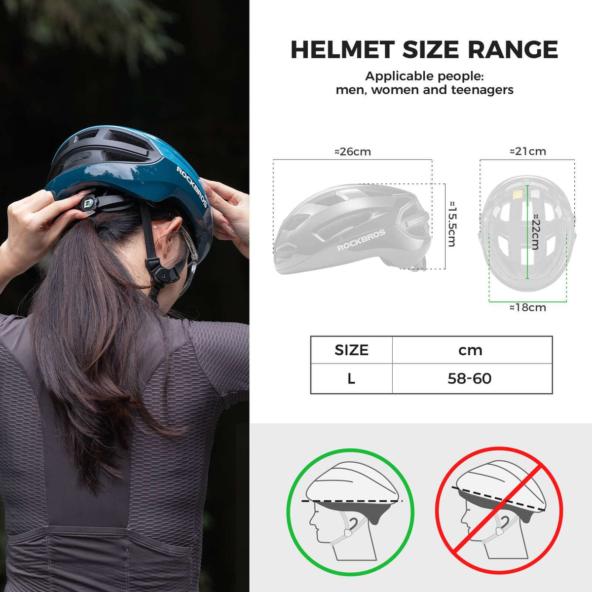 Blue smart bike helmet shown being worn, size range graphic included