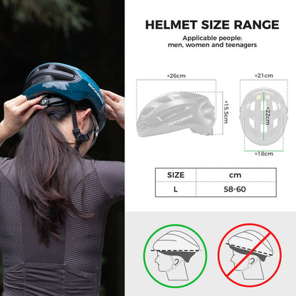 Blue smart bike helmet shown being worn, size range graphic included