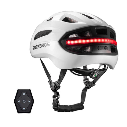 White smart bike helmet with red LED rear lights and chin strap, plus remote control