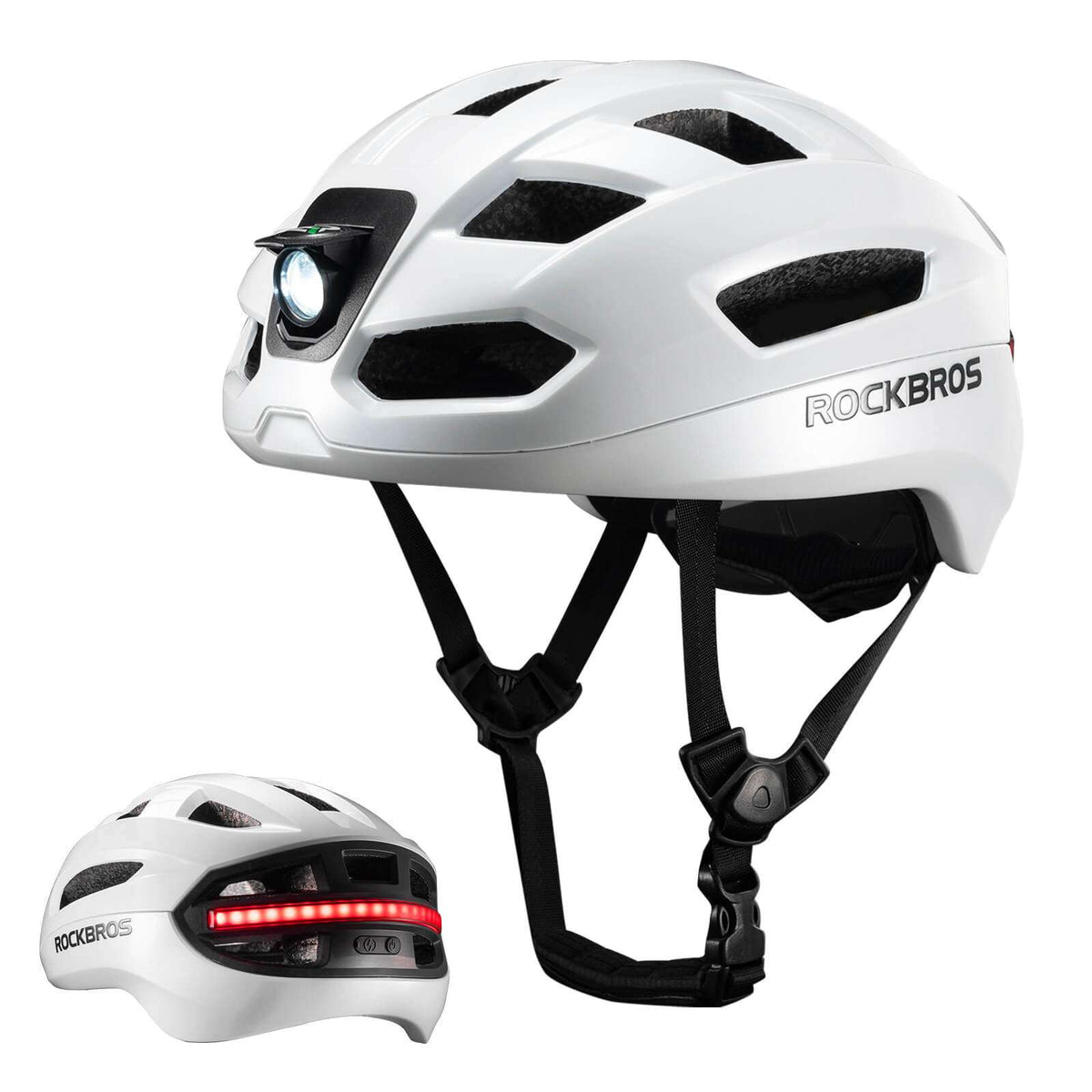 White smart bike helmet with front light, red LED rear bar, and matching compact helmet