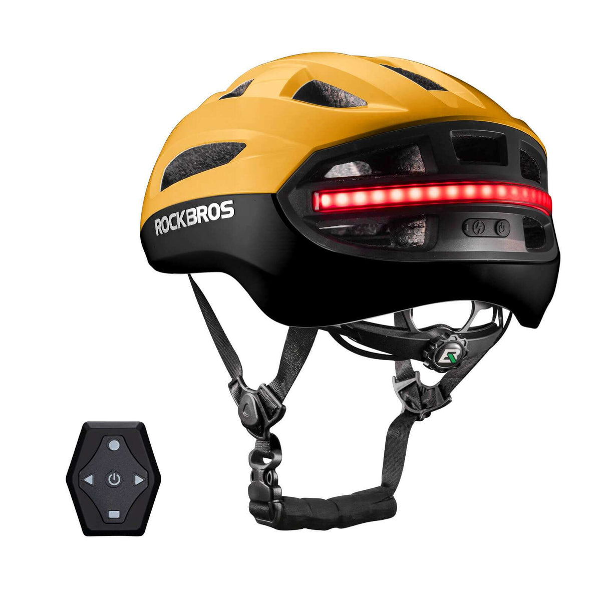 Yellow smart bike helmet with red LED rear lights, black straps, and remote control