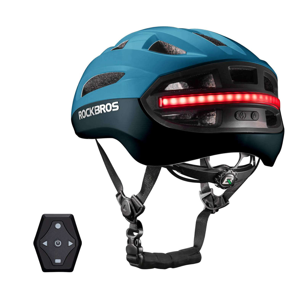 Blue bike helmet with rear red LED light strip and remote turn-signal fob