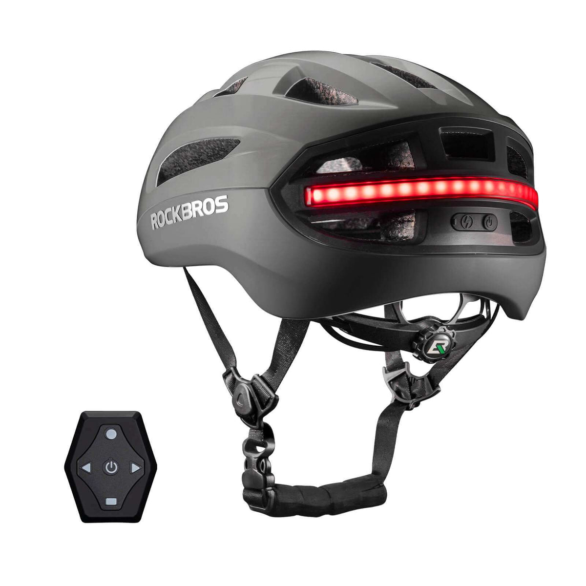 Gray smart bike helmet with red LED rear lights, black straps, and remote control