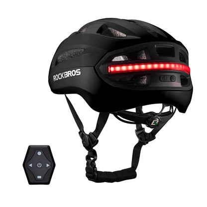 Black smart bike helmet with red LED rear lights, black straps, and remote control