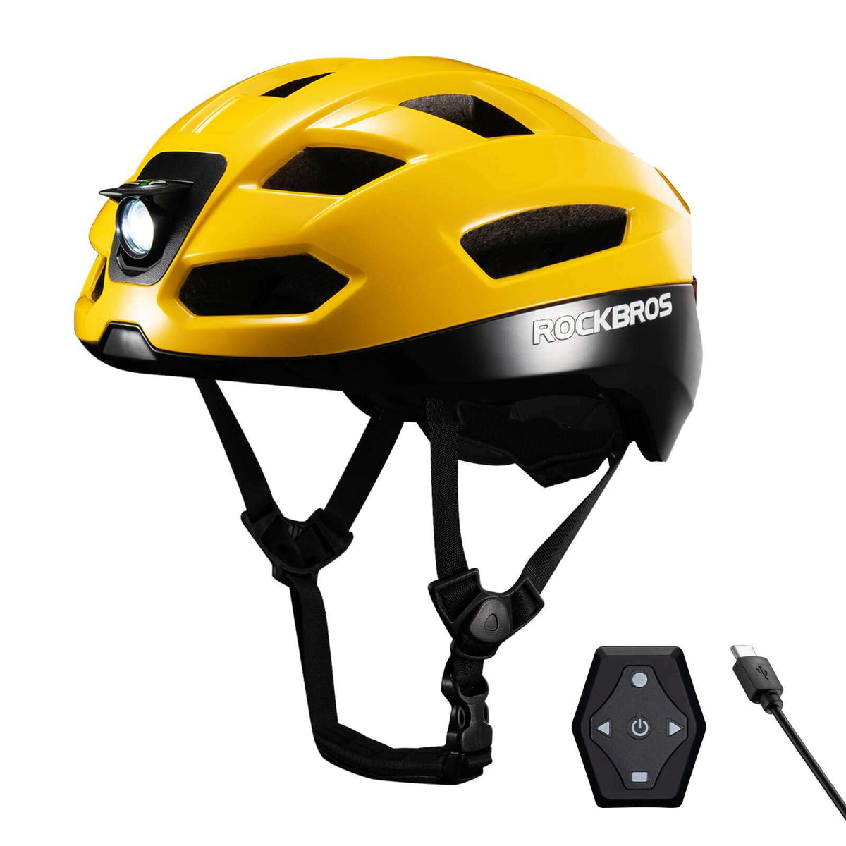 Yellow smart bike helmet with front headlight and remote turn-signal controller