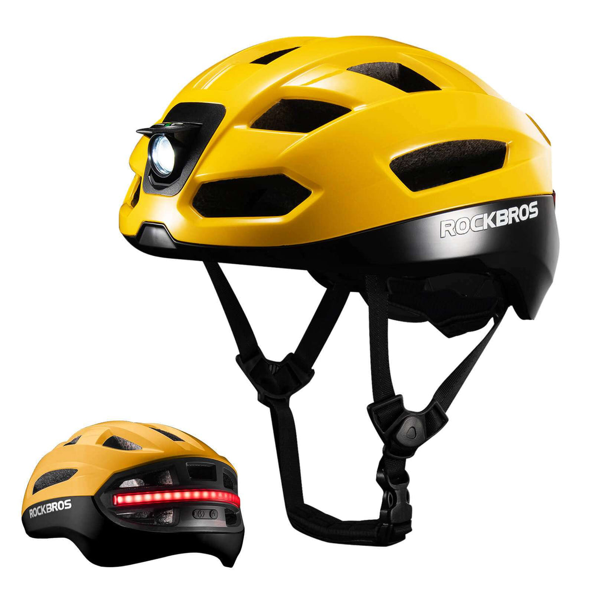 Yellow smart bike helmet with front headlight, rear LED strip, and remote controller
