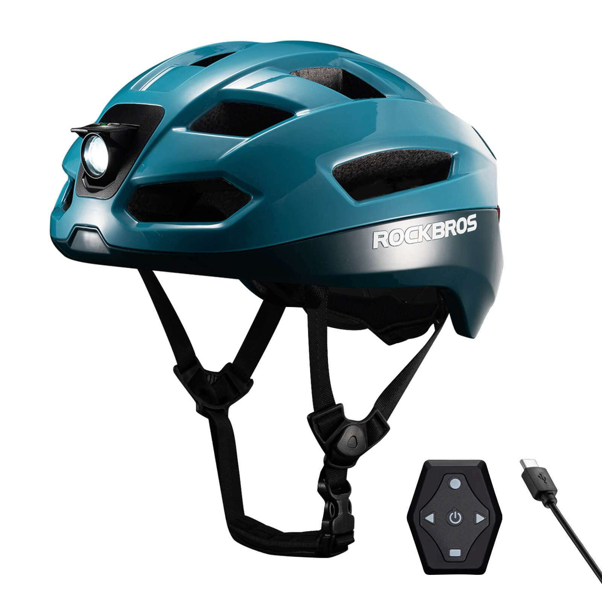 Blue smart bike helmet with front headlight, remote controller, and safety straps