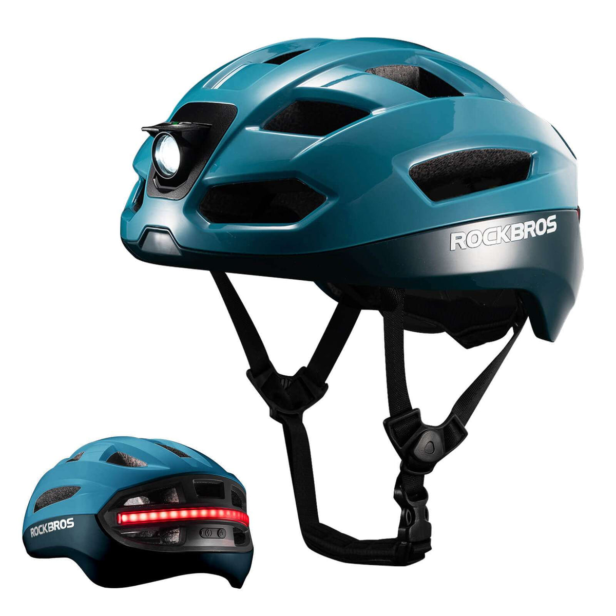 Blue smart bike helmet with front headlight and rear LED strip, shown side view