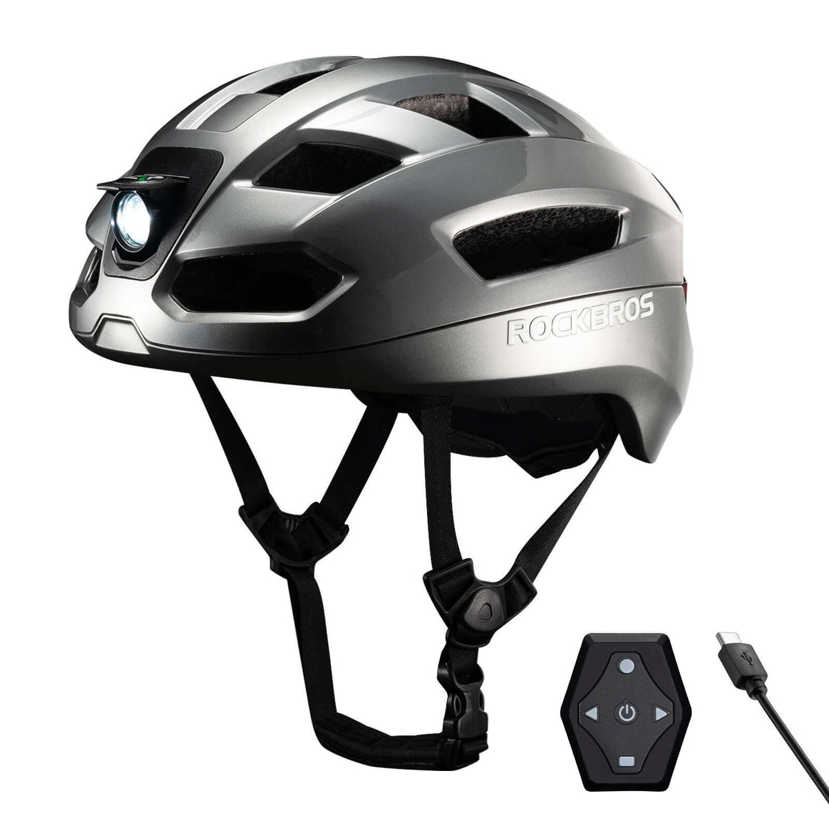 Gray smart bike helmet with front headlight and remote turn-signal fob