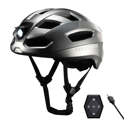 Gray smart bike helmet with front headlight and remote turn-signal fob