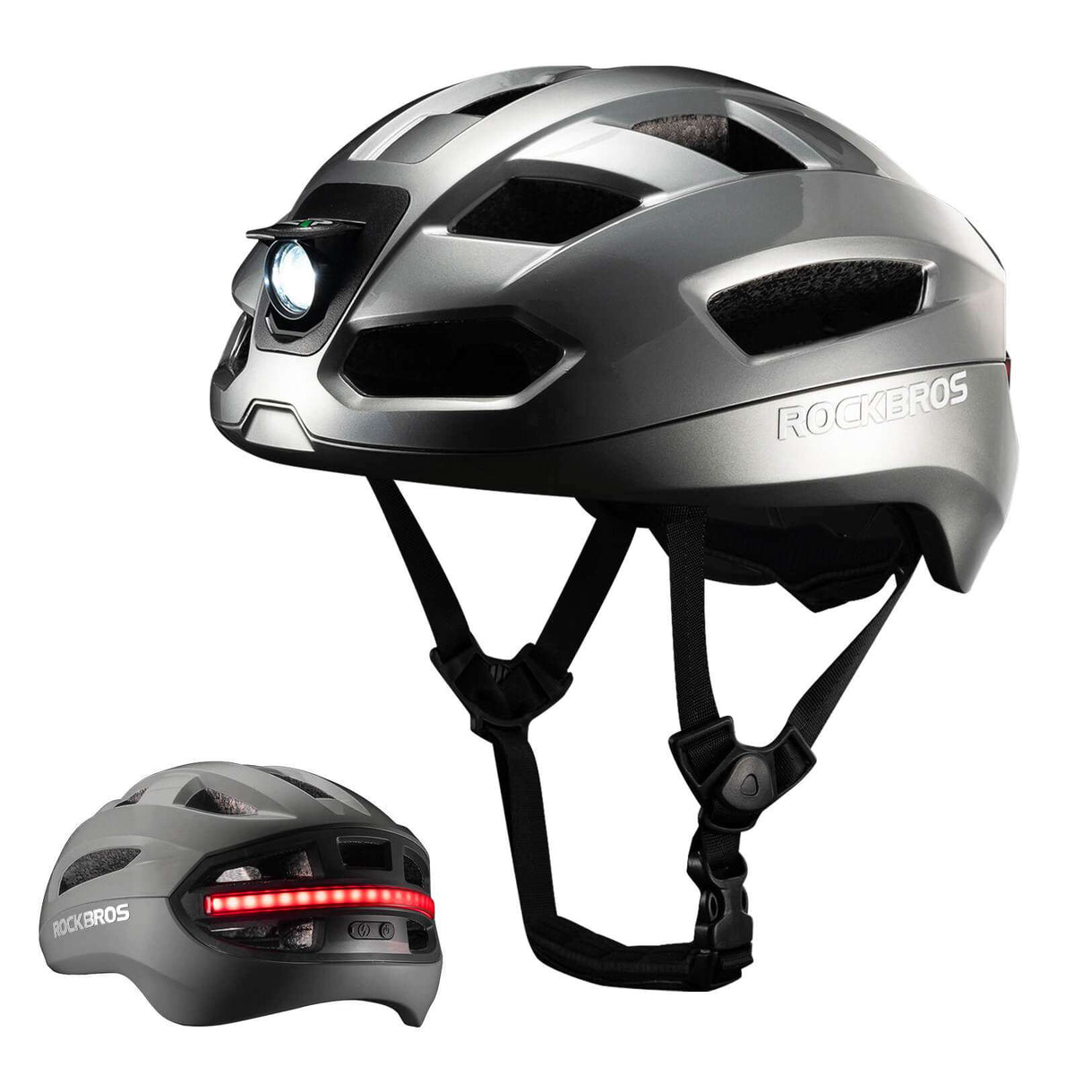Gray smart bike helmet with front headlight, red LED rear bar, and compact helmet
