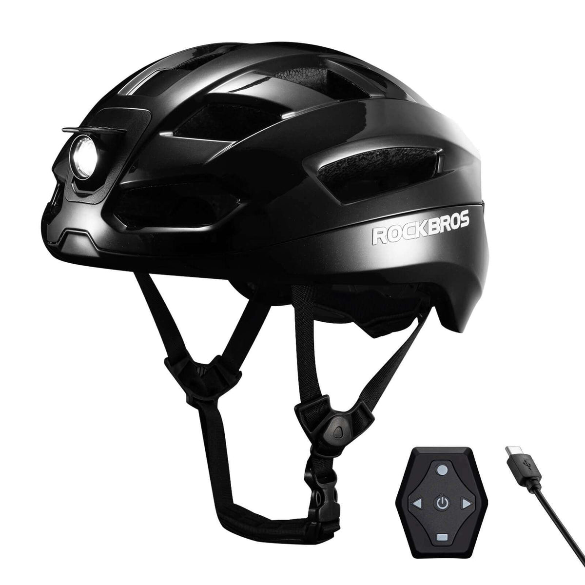 Black smart bike helmet with front headlight, black straps, and remote turn-signal fob