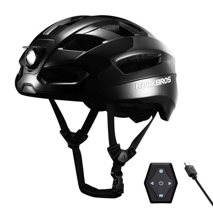 Black smart bike helmet with front headlight, black straps, and remote turn-signal fob