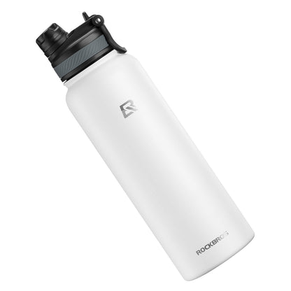 White stainless steel water bottle with black flip-top lid and spout