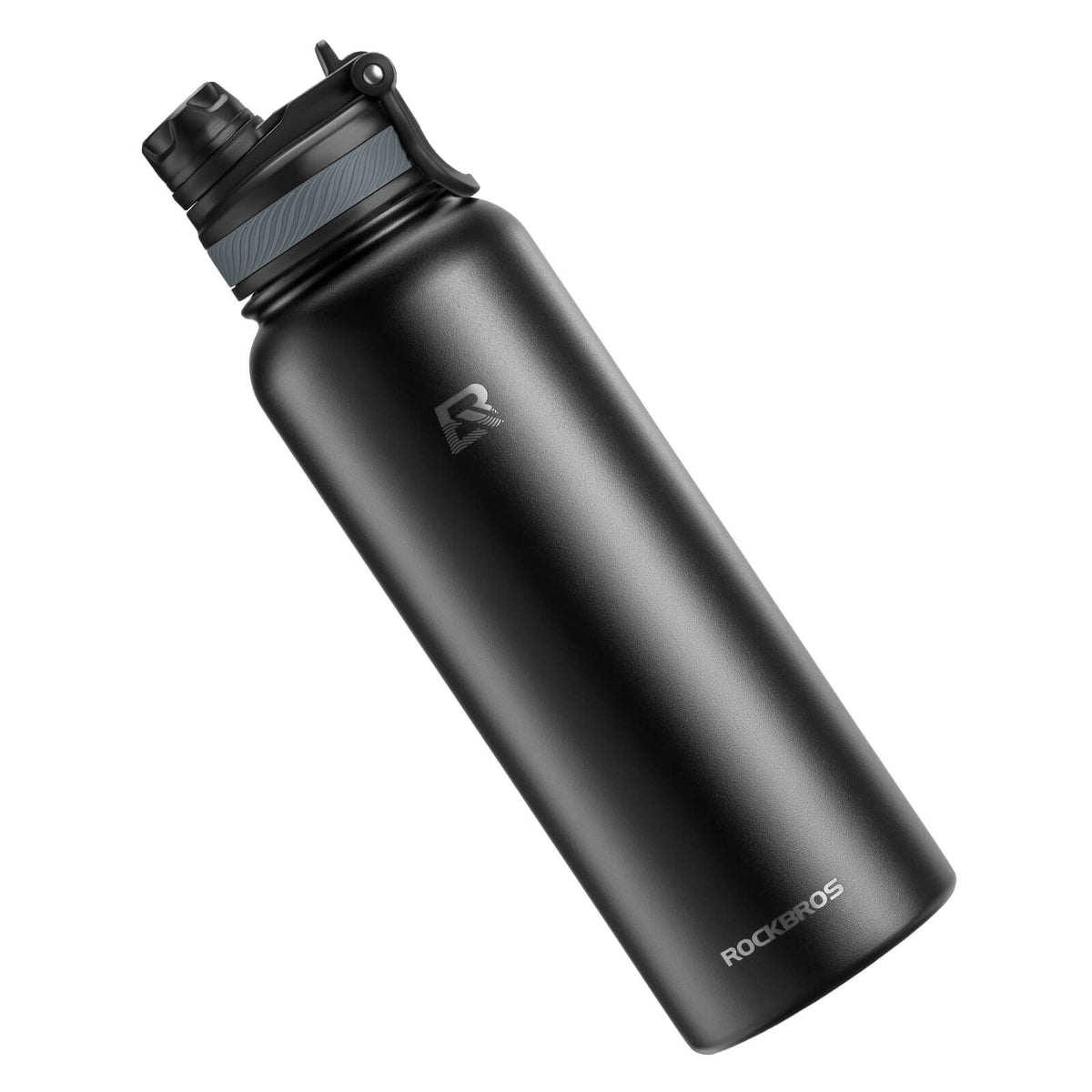 Black stainless steel water bottle with black flip-top lid and drinking spout