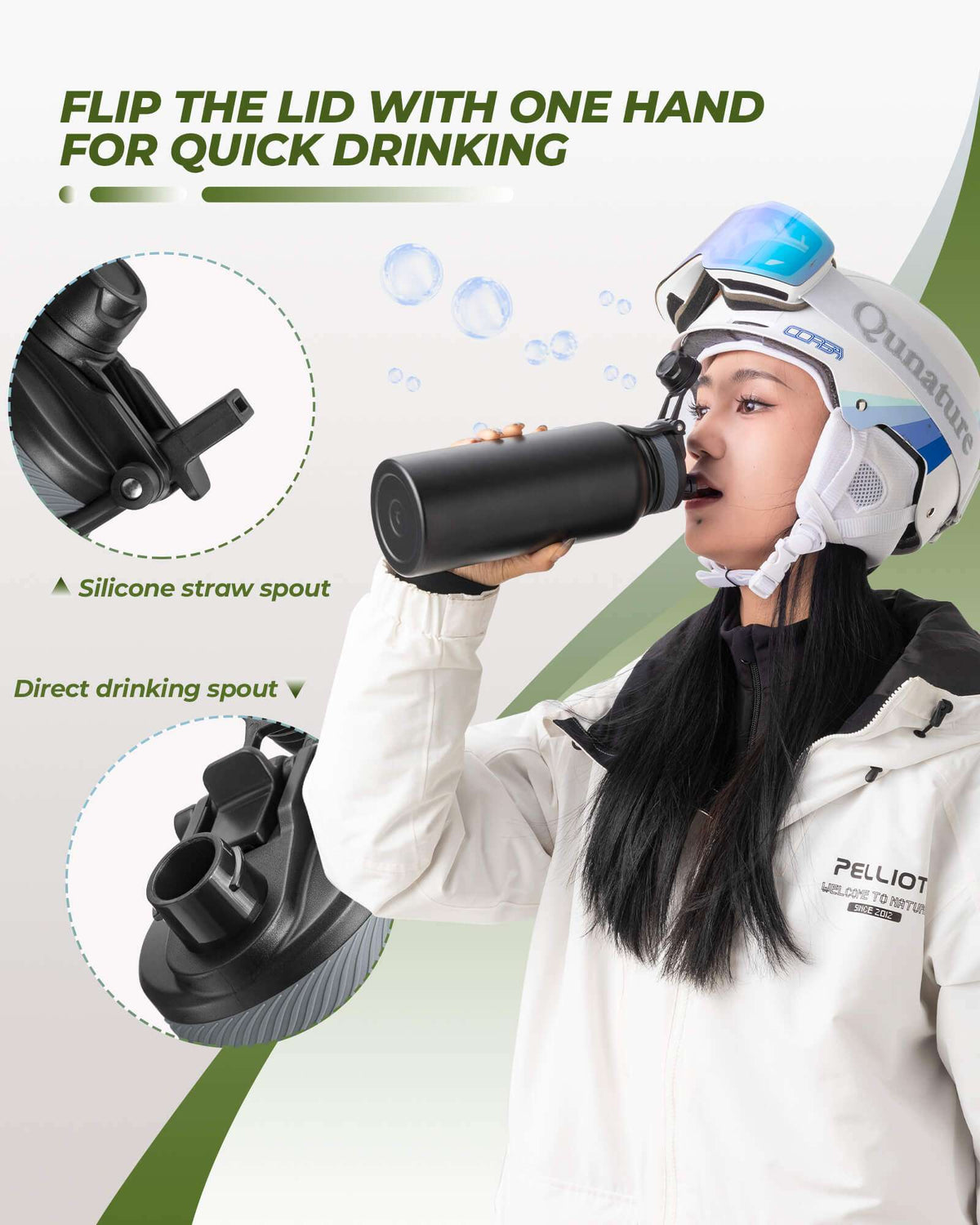 Black stainless steel bottle with flip-top lid and direct drinking spout close-up