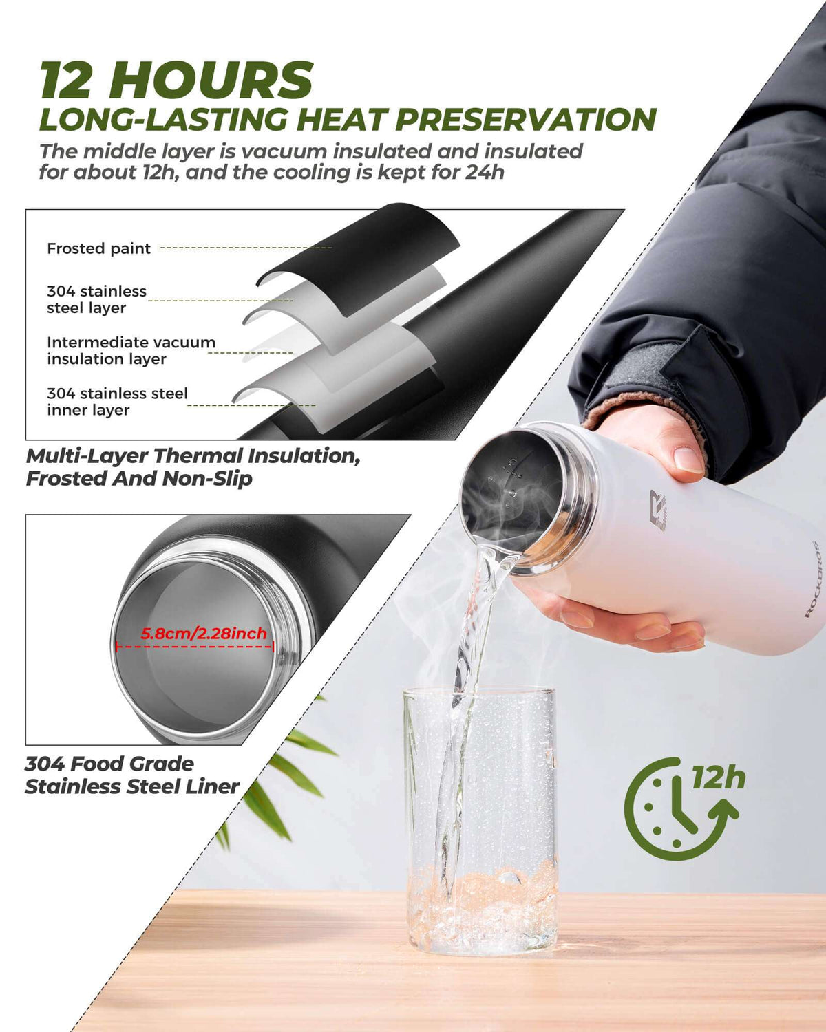 Black insulated stainless steel bottle with layered construction diagram and pouring water