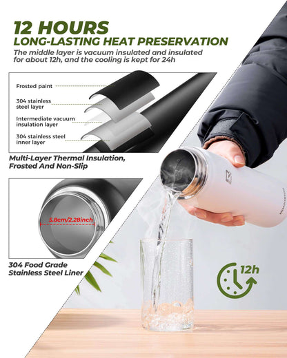 Black insulated stainless steel bottle with layered construction diagram and pouring water