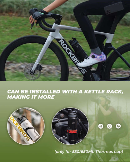 Black ROCKBROS water bottle mounted on a bike frame in a bottle cage