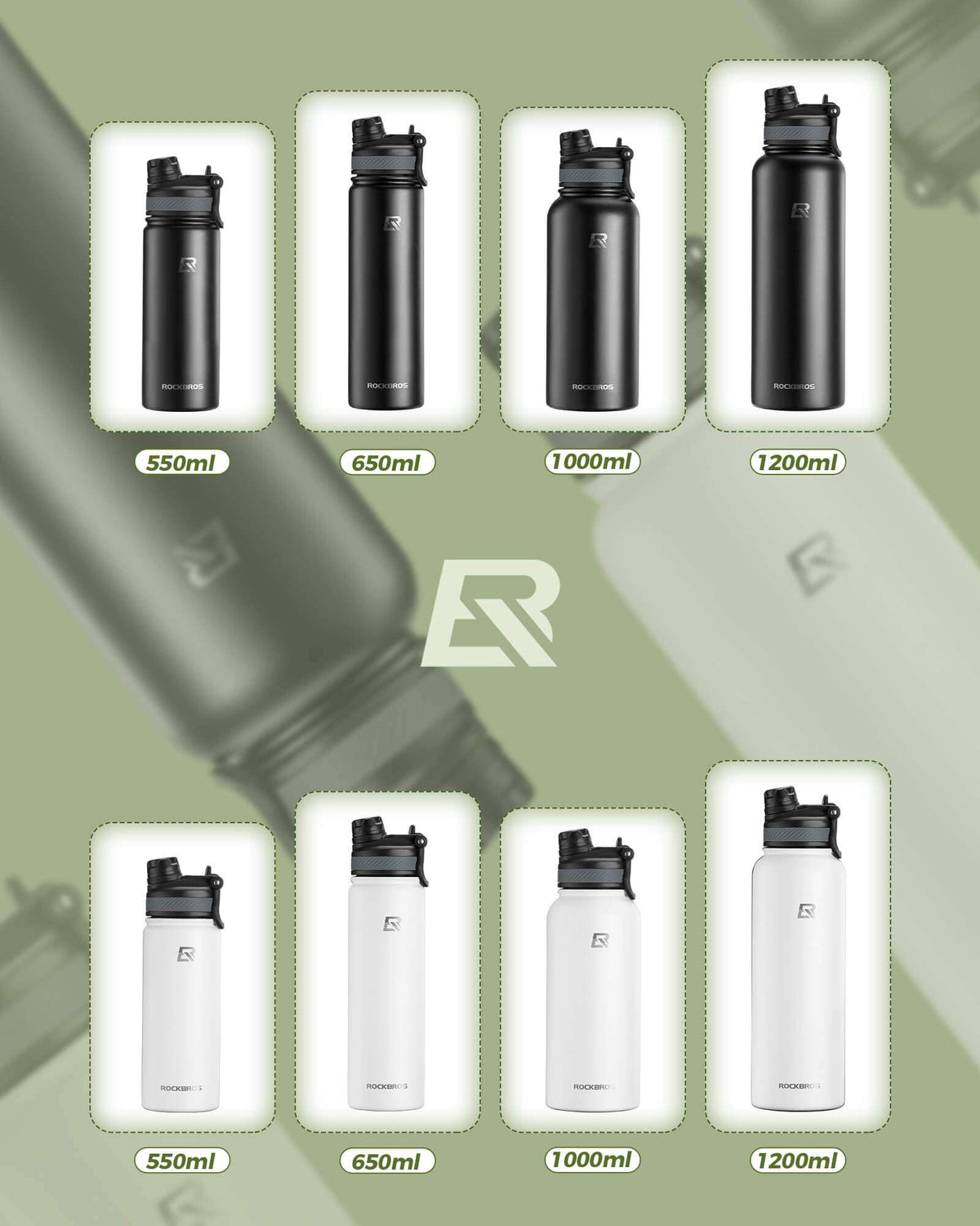 Set of stainless steel bottles in black and white, showing multiple sizes