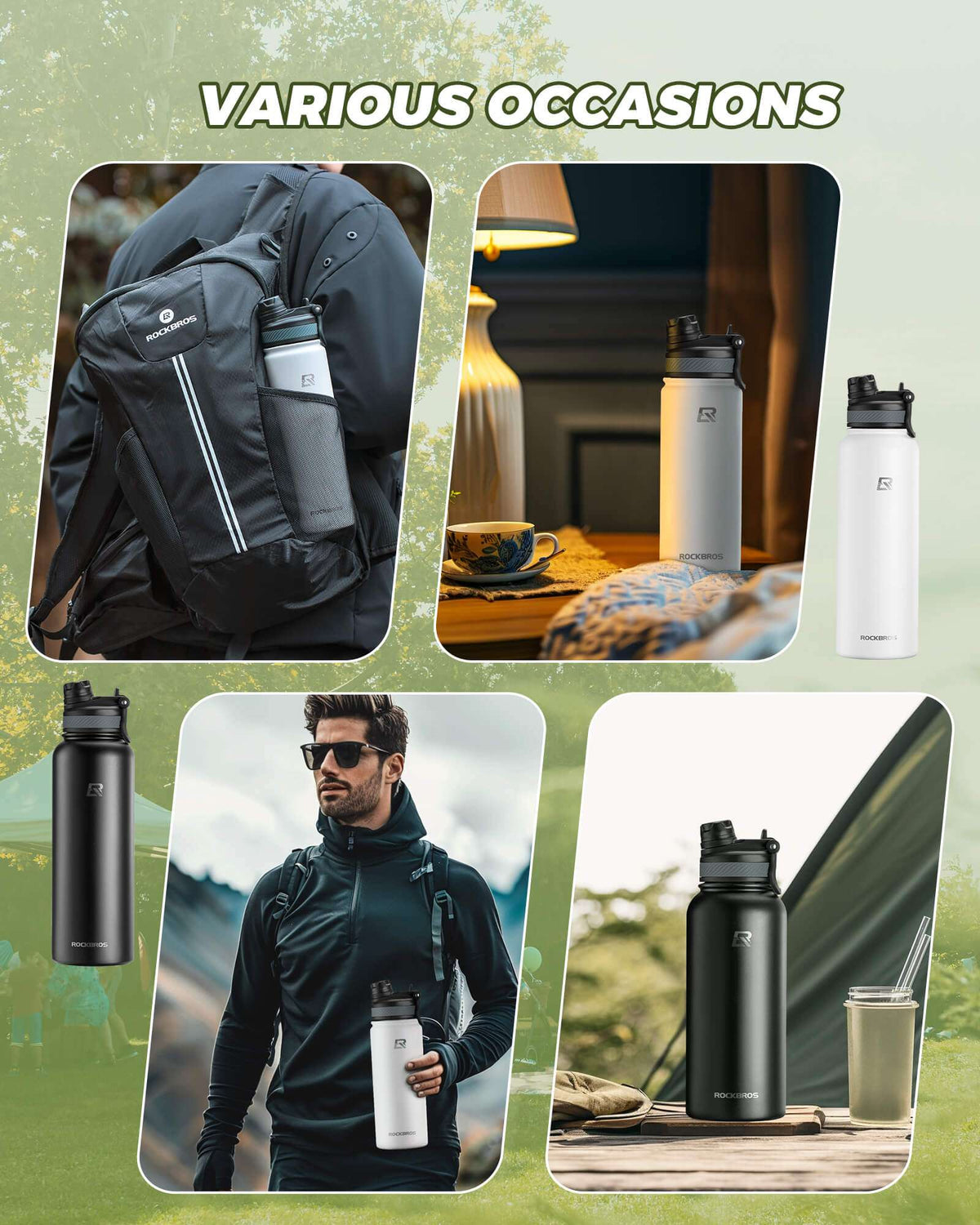 Stainless steel water bottle shown in various outdoor and daily use scenes