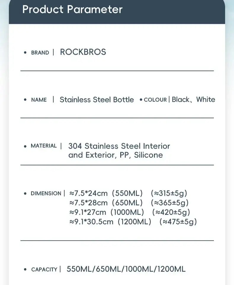 Product parameter sheet for ROCKBROS stainless steel bottle with size and material details