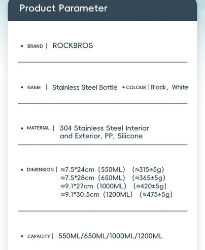 Product parameter sheet for ROCKBROS stainless steel bottle with size and material details