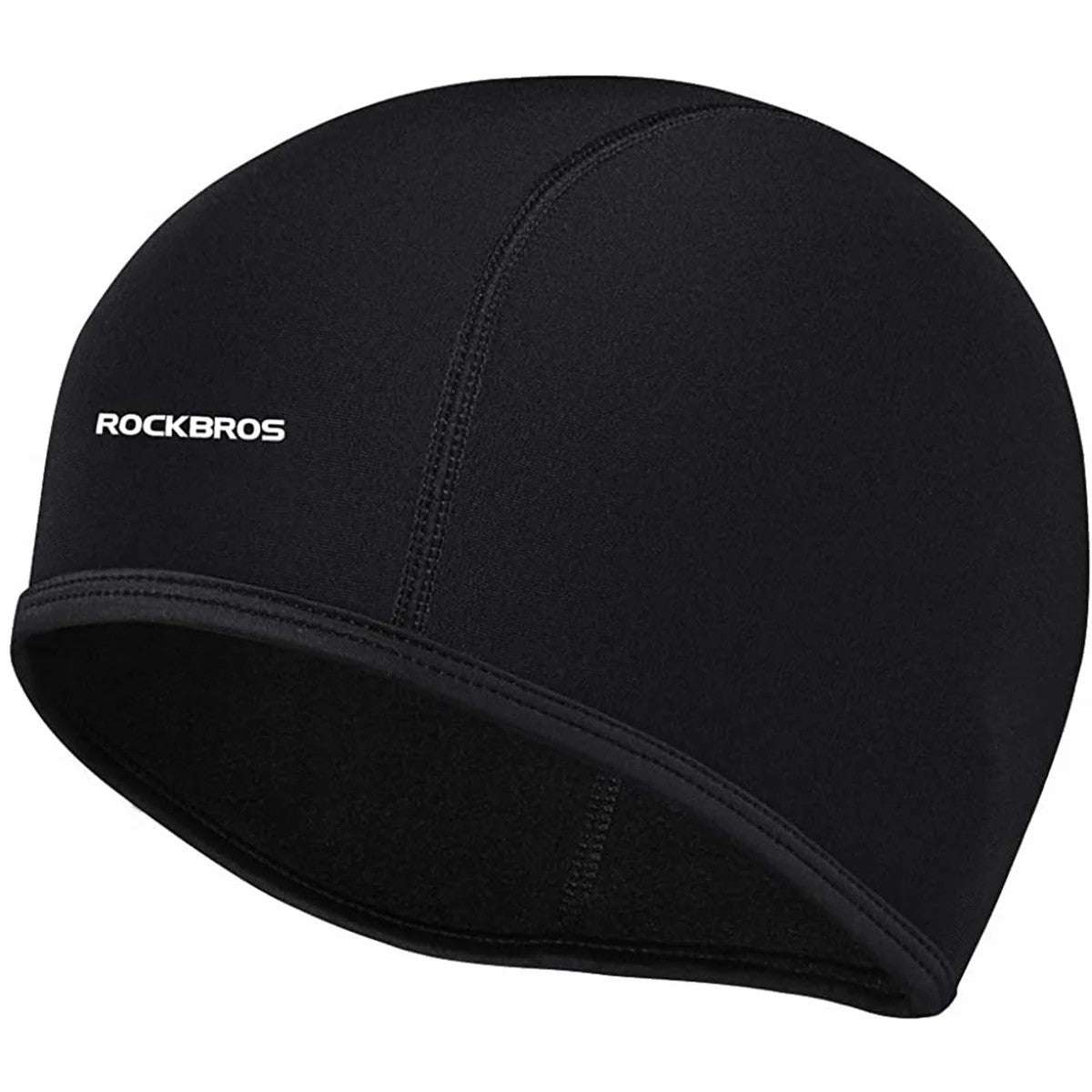 Black thermal skull cap liner with ROCKBROS logo and curved ear-cover seam
