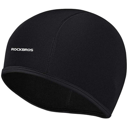 Black thermal skull cap liner with ROCKBROS logo and curved ear-cover seam
