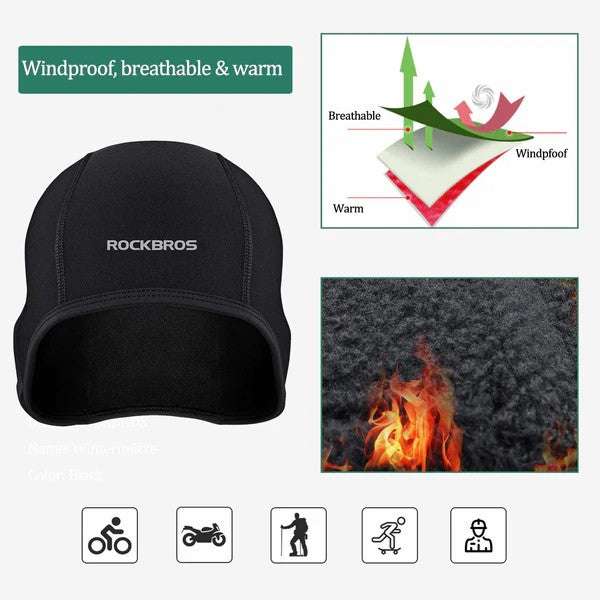 Black cycling skull cap liner with ROCKBROS logo and snug ear coverage