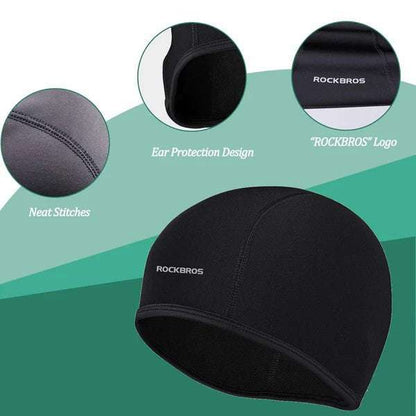 Black skull cap liner with stitched ear panel and front ROCKBROS logo