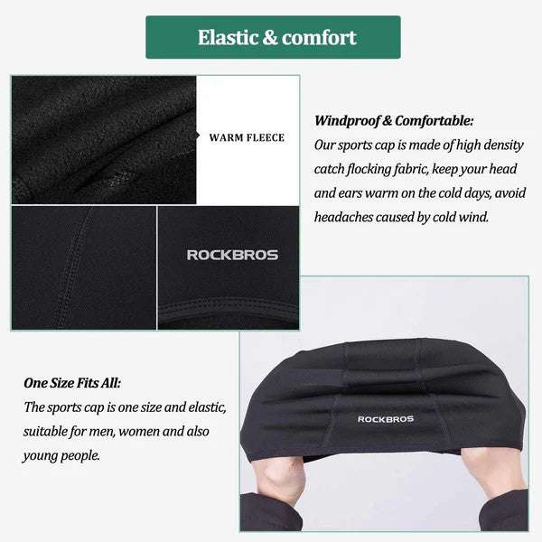 Black winter cycling skull cap liner with ROCKBROS logo and fleece texture