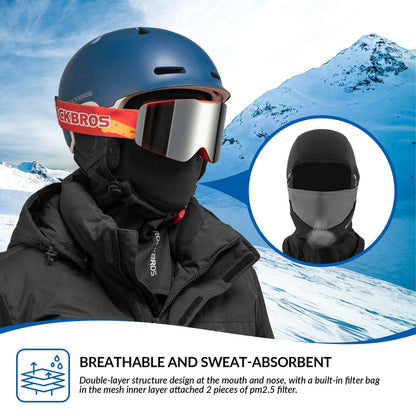 Black balaclava with glasses-hole opening worn under a helmet