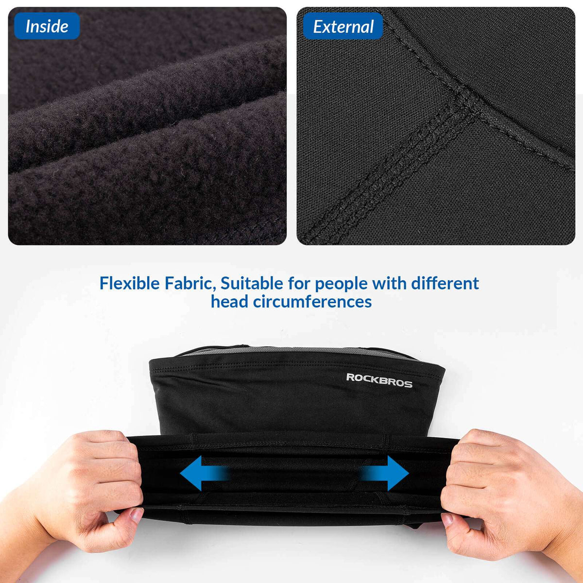 Black balaclava fabric close-up: soft fleece inside and reinforced outer seam