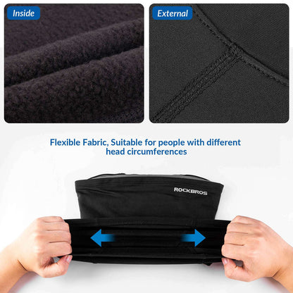 Black balaclava fabric close-up: soft fleece inside and reinforced outer seam