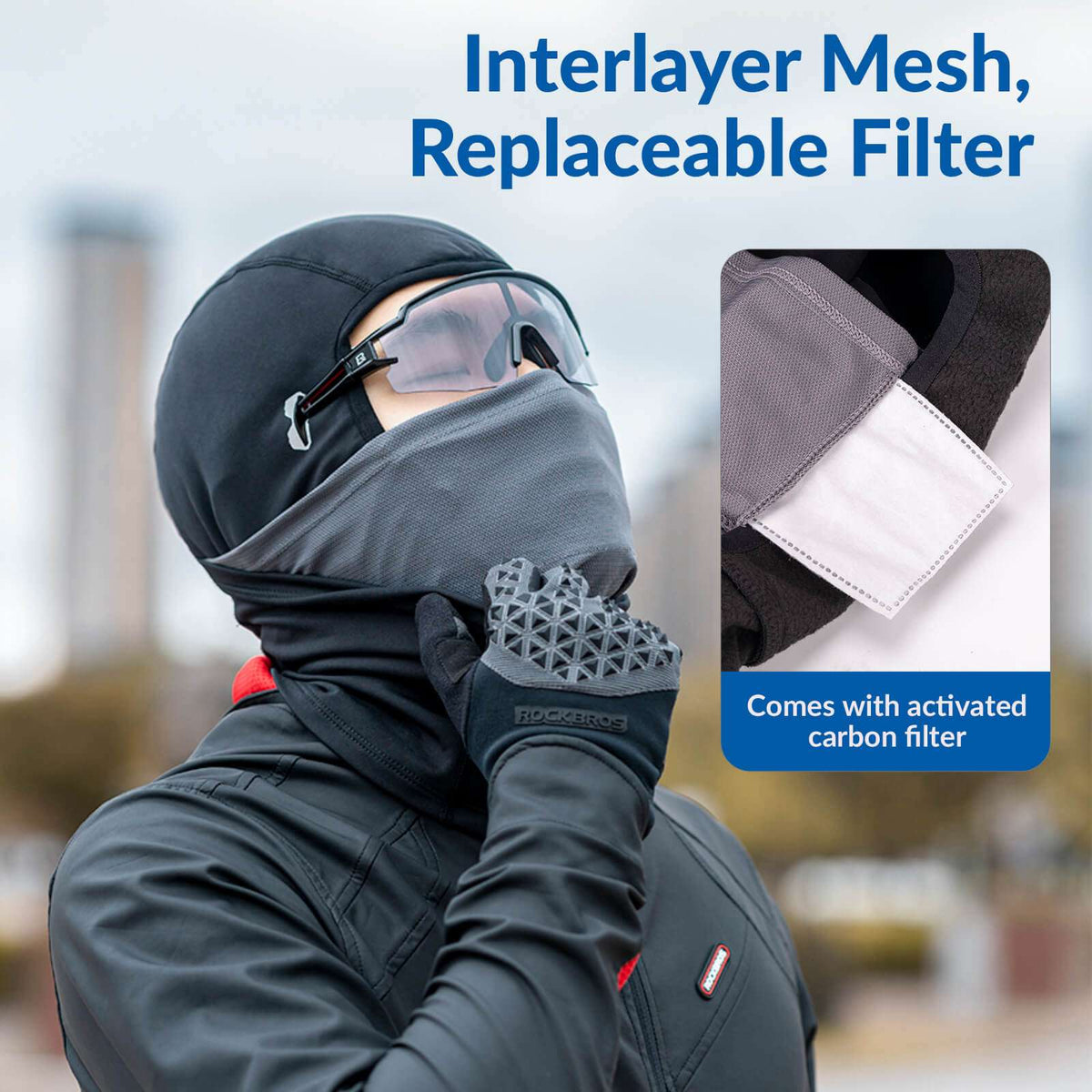 Black balaclava with interlayer mesh and replaceable activated carbon filter