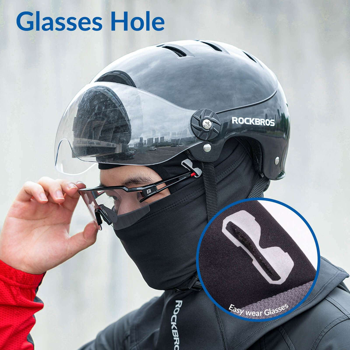 Black balaclava featuring glasses-hole design for easy eyewear wear