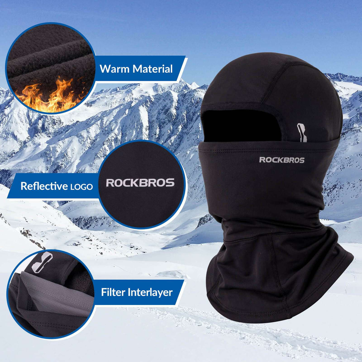 Black thermal ski balaclava with reflective ROCKBROS logo and filter layer