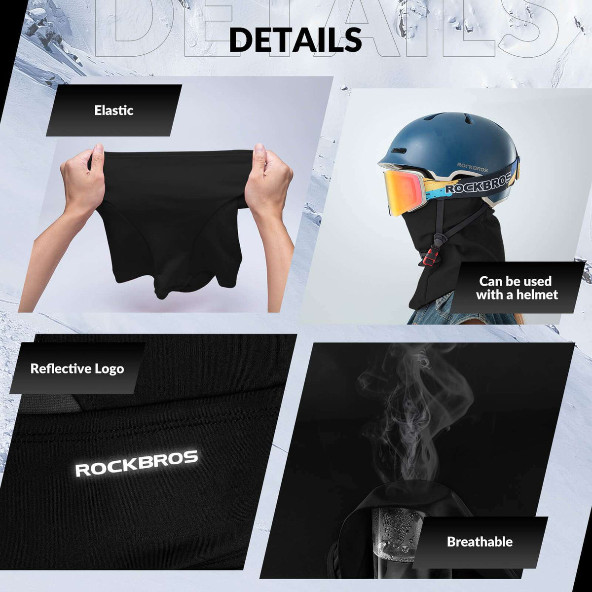 Black balaclava fabric panel showing elastic stretch detail, smooth seam edge