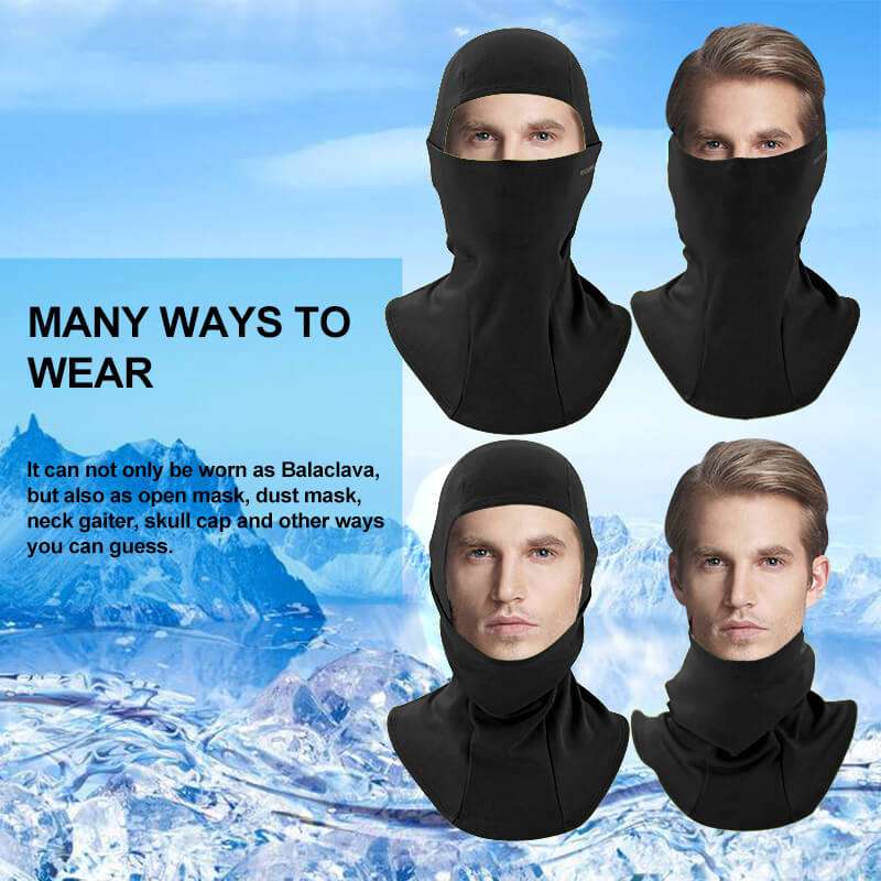 Thermal windproof balaclava ski mask set, black face and neck coverage views