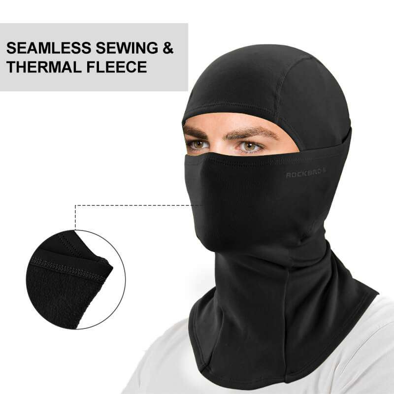 Black thermal windproof balaclava ski mask covering face and neck, with hood