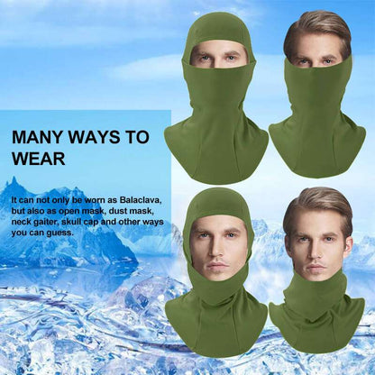 Green balaclava ski mask set with hood and face openings for cold weather.