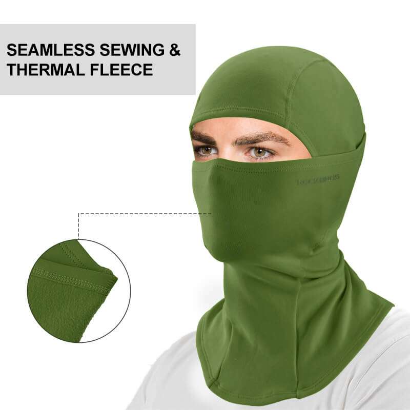 Green balaclava ski mask with seamless stitching and face opening.